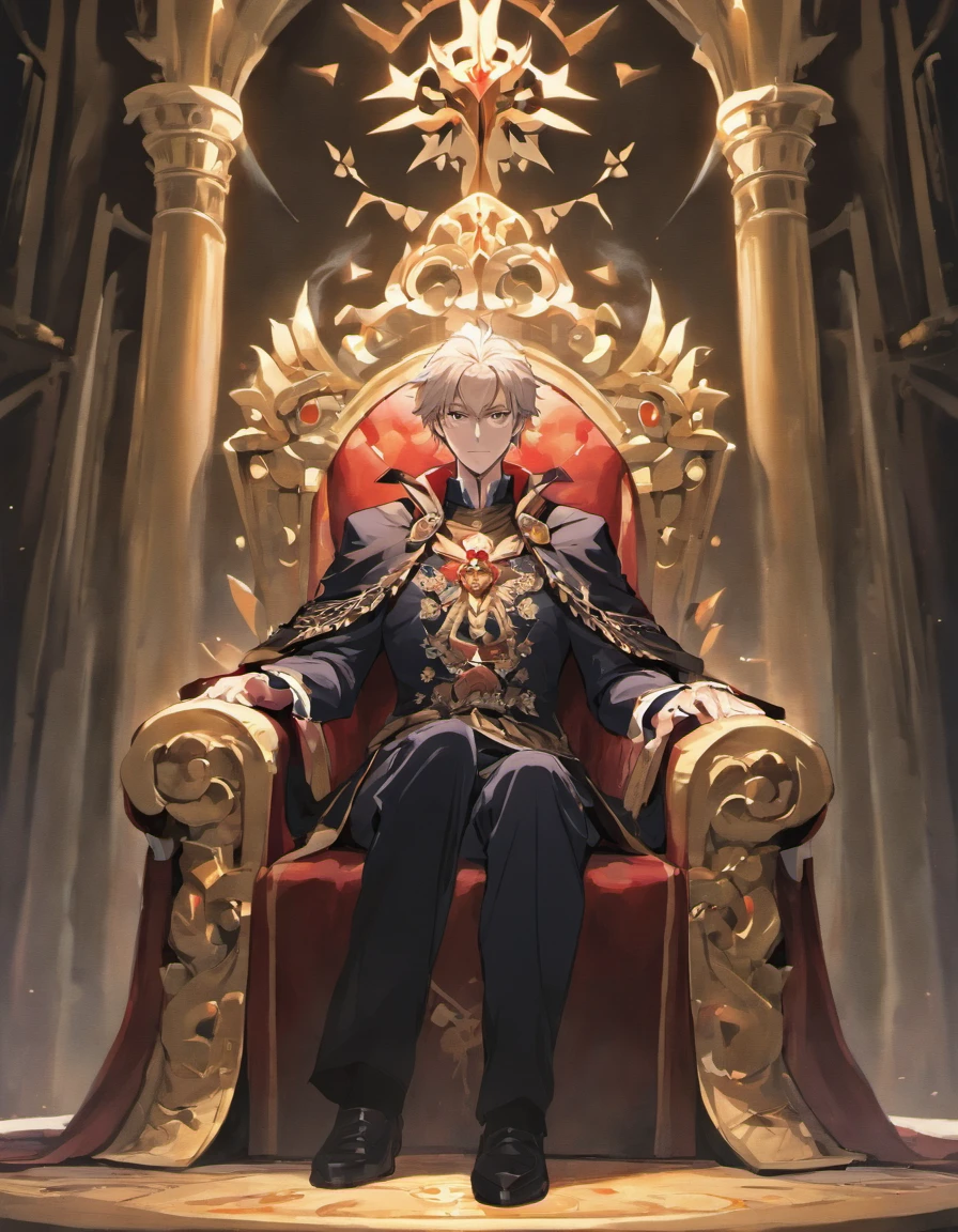 Older man sitting on a throne holding a staff and he has an eagle by his side, ele usa roupas de realeza