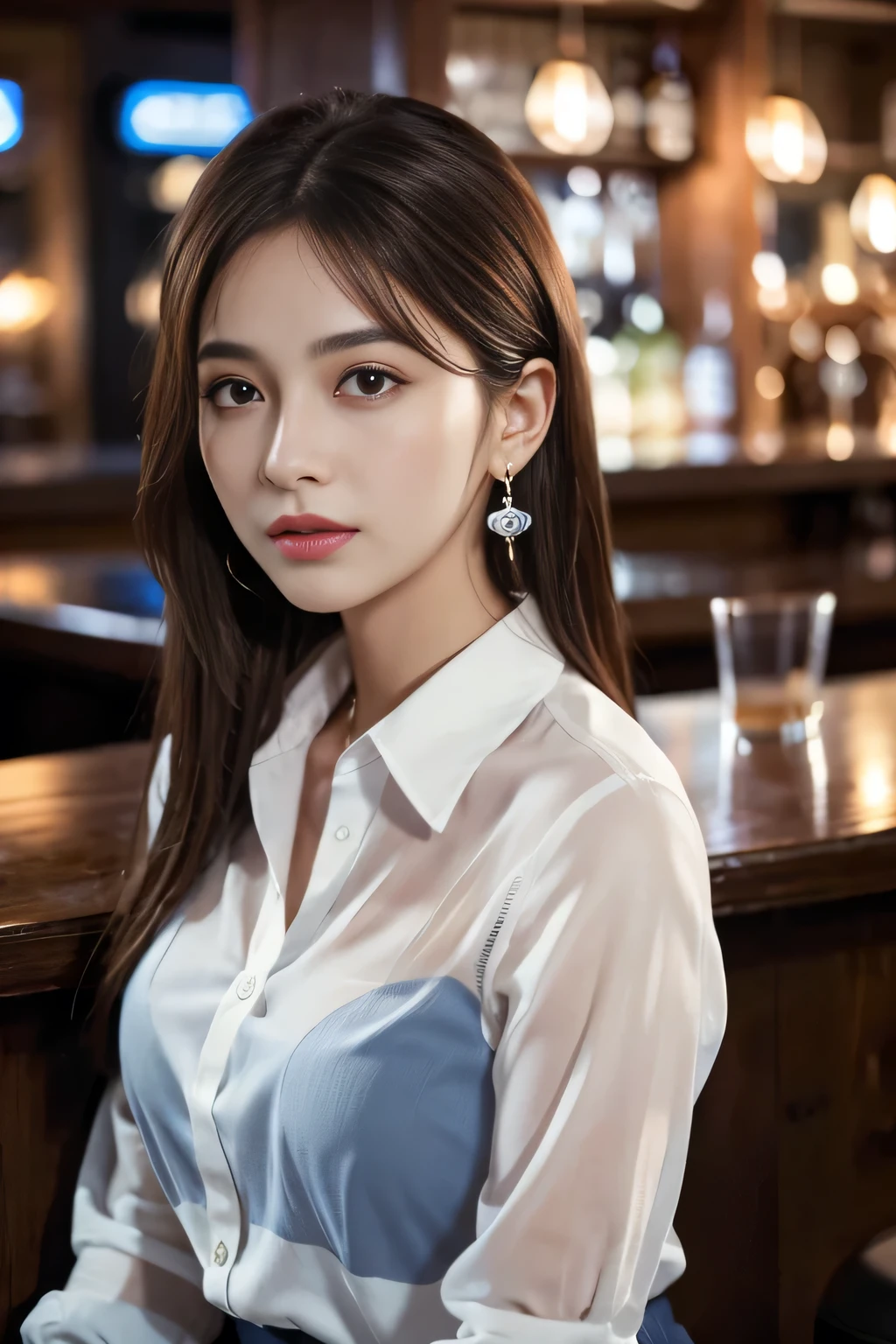 masterpiece, highest quality, Realistic, Very detailed, Finer details, High resolution, 8k wallpaper, One beautiful woman, Wear a navy blue see-through shirt, Great bar restaurant, At night, Light brown messy hair, Perfect dynamic composition, Beautiful and beautiful eyes、Big earrings