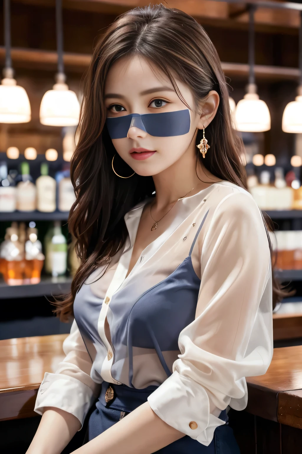 masterpiece, highest quality, Realistic, Very detailed, Finer details, High resolution, 8k wallpaper, One beautiful woman, Wear a navy blue see-through shirt, Great bar restaurant, At night, Light brown messy hair, Perfect dynamic composition, Beautiful and beautiful eyes、Big earrings
