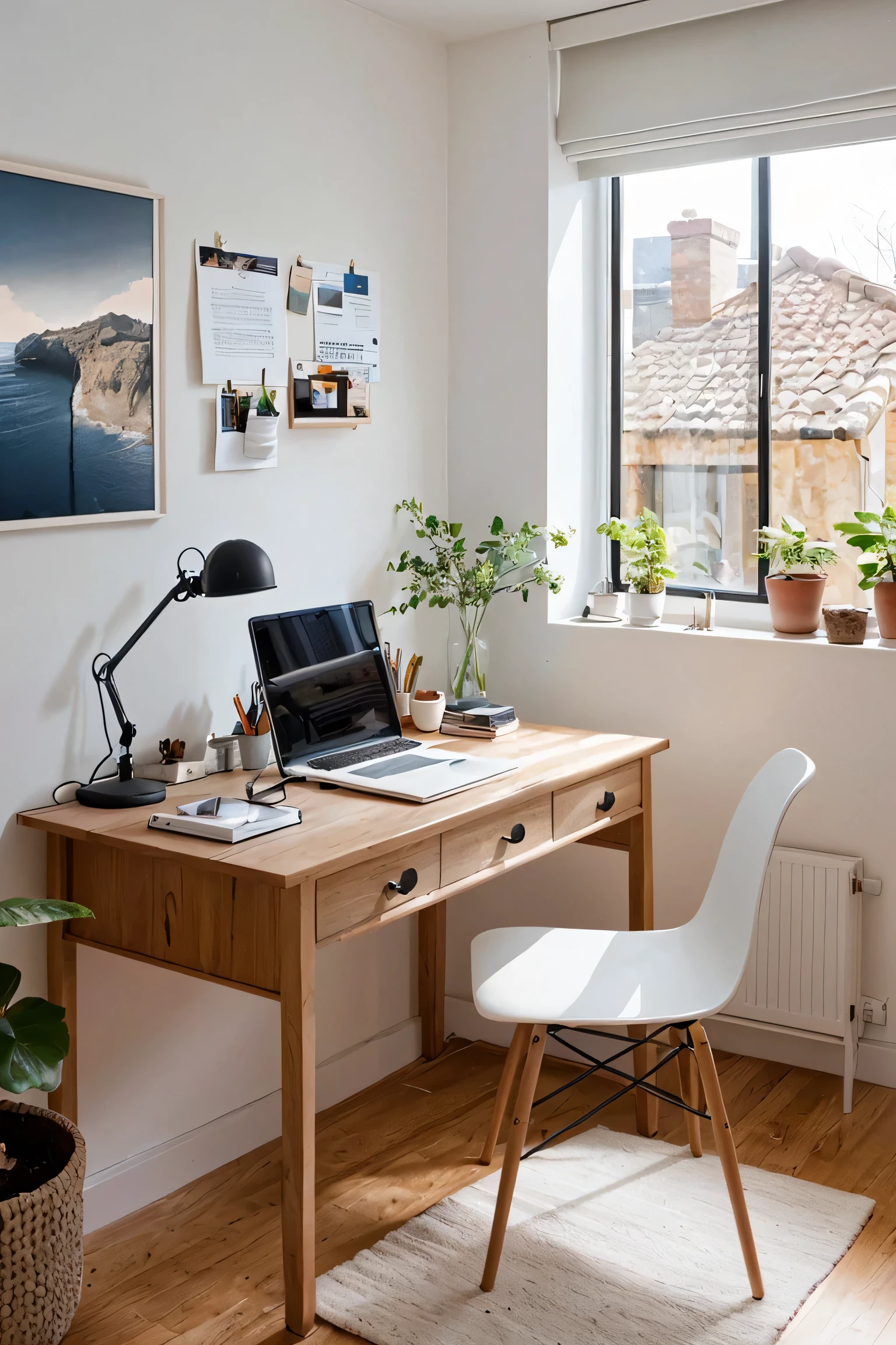 photograph, home office, minimal, soft sunlight, warm artificial light casting, creating a warm white and inviting atmosphere, such as a discreetly placed objets 