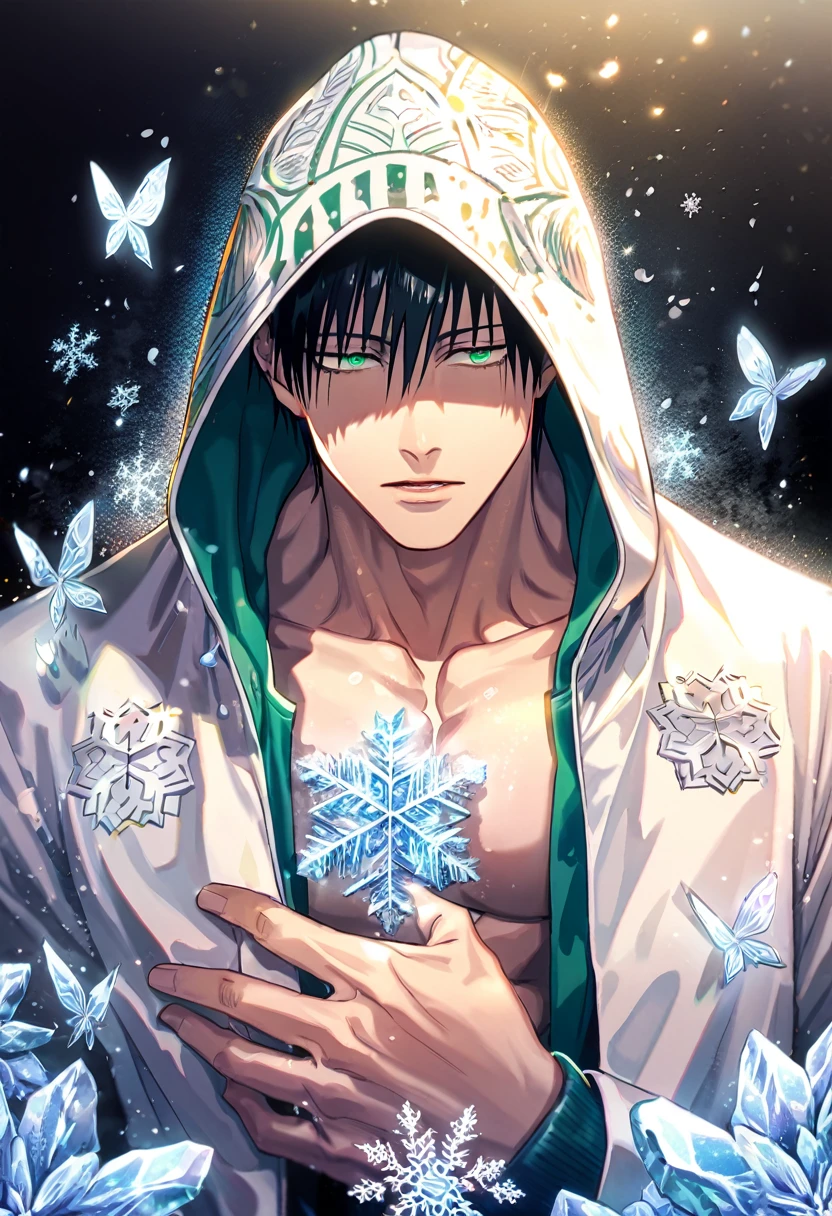 Ultra detailed, Highres, absurdres, HDR, Fushiguro Touji, black straight hair, expressive green eyes, white coat with patterns with a hoddie, Jujutsu Kaisen, white flowers, winter, ice, snowflakes, petals, handsome, sexy man, solo, very detailed eyes and face, ice butterflies, master piece, toned chest, glittering, fantasy,