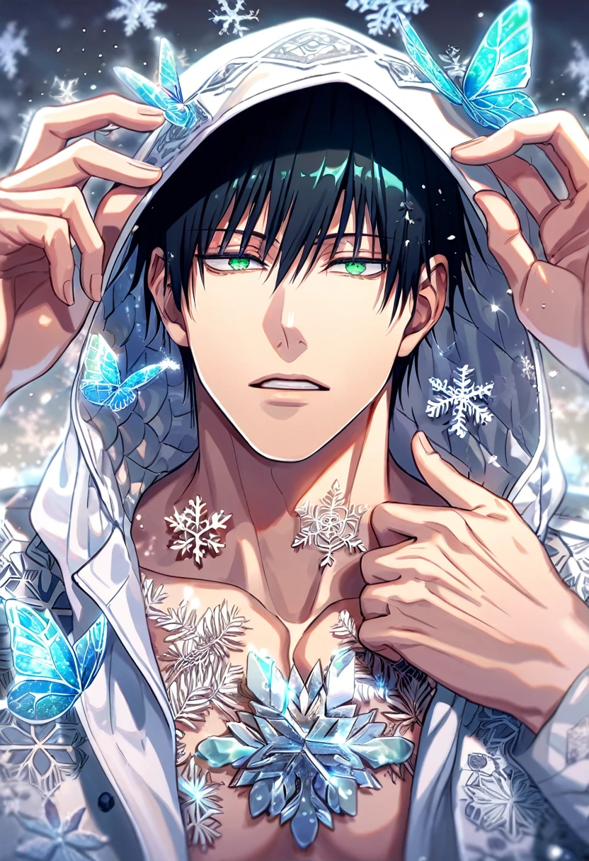 Ultra detailed, Highres, absurdres, HDR, Fushiguro Touji, black straight hair, expressive green eyes, white coat with patterns with a hoddie, Jujutsu Kaisen, white flowers, winter, ice, snowflakes, petals, handsome, sexy man, solo, very detailed eyes and face, ice butterflies, master piece, toned chest, glittering, fantasy,