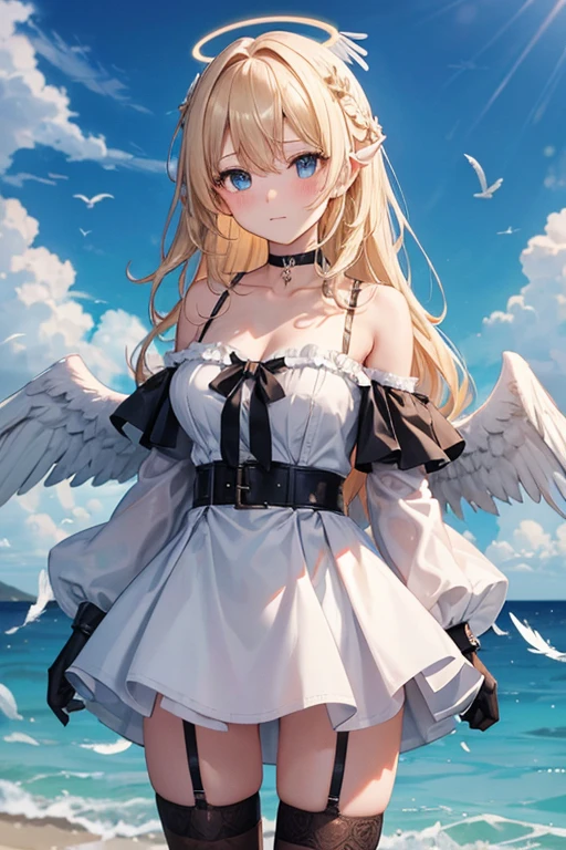 angel_wings, feathered_wings, wings, feathers, angel, bird, halo, white_feathers, 1girl, dove, white_wings, rating:safe, breasts, seagull, solo, choker, white_dress, dress, long_hair, black_choker, blue_eyes, cleavage, sword, weapon, bare_shoulders, thighhighs, looking_at_viewer, belt, medium_breasts, day, blonde_hair, single_wing, closed_mouth, sky, mini_wings, holding, gloves, cloud, blue_sky, bangs, collarbone, outdoors, black_feathers, spread_wings, holding_weapon, large_breasts, blush, sheath, braid, flying, long_sleeves, off_shoulder, head_wings, zettai_ryouiki, black_legwear, eagle, animal, short_dress, holding_sword, cowboy_shot, detached_sleeves, wading, thigh_strap, thighs, white_skirt, standing, off-shoulder_dress, cloudy_sky, low_wings, sheathed