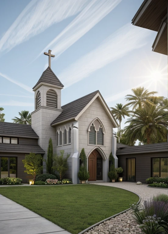 Ultra-realistic 8k, hd image quality, sharp detail, 2-story (((Church :1.3))) house, main materials: white walls, wooden ceiling accents, large glass windows, roads, cars, sidewalks, American Palm trees high, has a small alley, located in a residential area, modern style, shimmering sky, sunset light, feels peaceful, beautiful, close and warm, ((Warm light from indoor:1.3)), (daylight:1.2), perfect lighting,dynamic light,2 large glass doors,((1 large glass window:1.3)), (night light), (colorful flowers in front of the house)