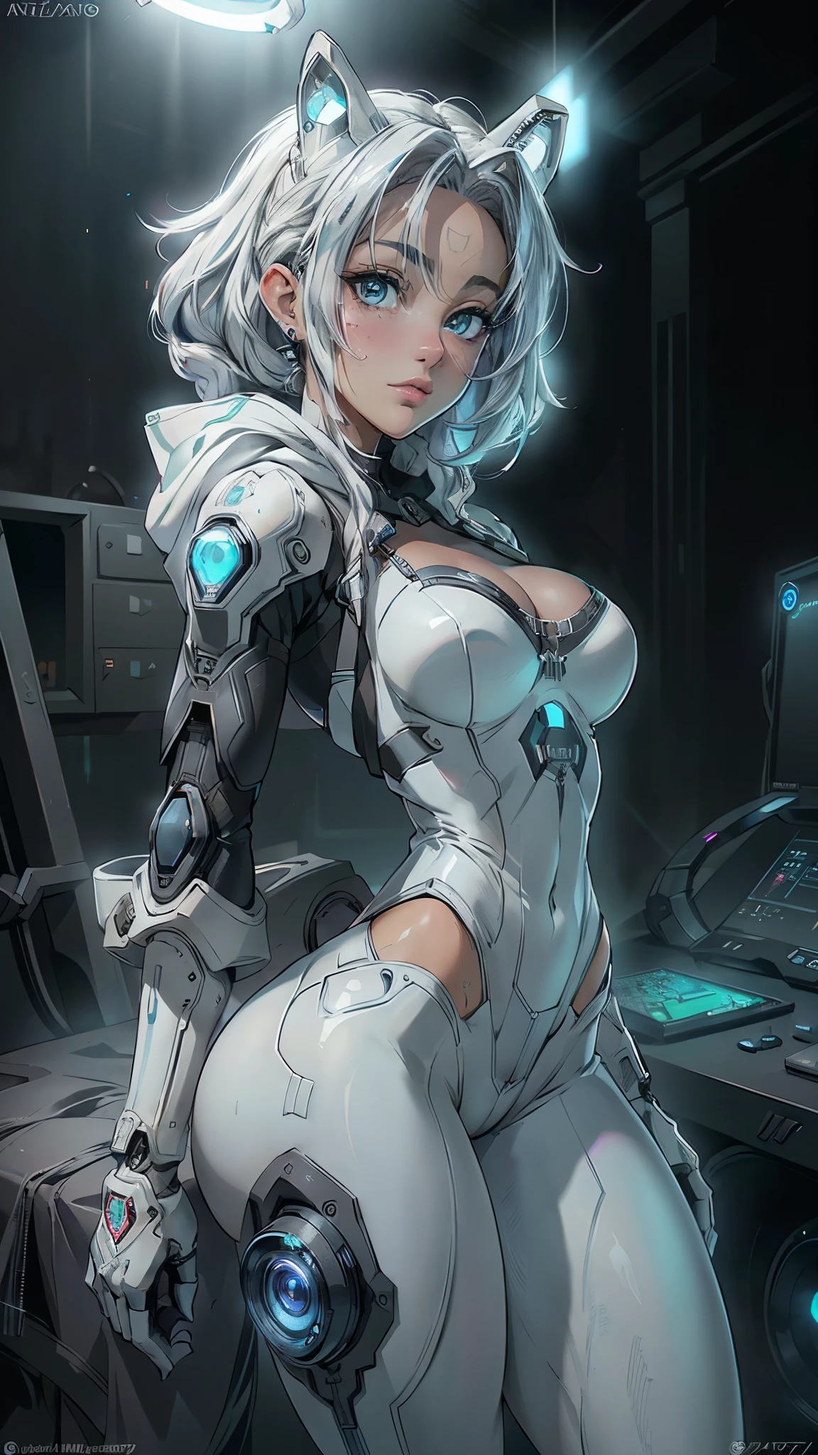 (La mejor calidad,A high resolution,Ultra - detallado,actual),Ariana Grande bikini white ,(cabello white canoso :1.4) ,(Fondo de ruinas de mazmorra en ruinas:1.4 ),( cybernetic suit made of gray carbon materia:1.4), ( face detailed :1.4), (perfect anatomy :1.4), (estilo encaje white lingerie :1.4), More detailed 8K.motor irreal:1.4,UHD,La mejor calidad:1.4, fotorrealista:1.4, textura de la piel:1.4, obra maestra:1.8,obra-prima, mejor calidad,objeto Objeto], (detailed face features:1.3),(Las proporciones correctas),(Ojos hermosos azules),  (pose vaquero), (Ariana Grande :1.4), (Ariana Grande V2.1), cinematic lighting, score_9, score_8_up, score_7_up, score_6_up, rating_explicit, 1girl, ((18YO:1.2)), Adult, full lips, big clear eyes, light blue eyes,(colores brillantes), ,( ciberpunk 2.1), arte digital, ufotable artistic style, anime wallaper, foto de perfil 1024px, trigger anime art style(medias blancas brillantes/pantys:1.4),(Cyber hood with dull and bright LEDs:1.4),( Pale bright with LEDs) 