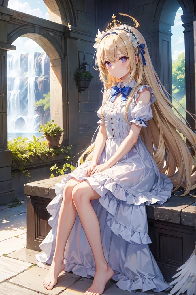 feathers, rating:safe, white_feathers, feathered_wings, 1girl, white_wings, long_hair, angel_wings, halo, very_long_hair, wings, angel, solo, dress, sitting, dove, blonde_hair, purple_eyes, eyebrows_visible_through_hair, water, bangs, bow, looking_at_viewer, closed_mouth, hair_between_eyes, short_sleeves, hair_intakes, day, blush, flower, barefoot, frills, breasts, hairband, puffy_short_sleeves, indoors, full_body, blue_bow, white_dress, soaking_feet, animal, outdoors, hair_bow, birdcage, cage, blue_dress, small_breasts, hair_ornament, backlighting, puffy_sleeves, frilled_dress, sunlight, reflection, sky, fountain, white_flower, sunbeam, waterfall