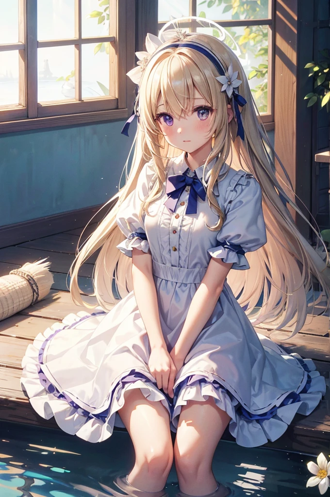 feathers, rating:safe, white_feathers, feathered_wings, 1girl, white_wings, long_hair, angel_wings, halo, very_long_hair, wings, angel, solo, dress, sitting, dove, blonde_hair, purple_eyes, eyebrows_visible_through_hair, water, bangs, bow, looking_at_viewer, closed_mouth, hair_between_eyes, short_sleeves, hair_intakes, day, blush, flower, barefoot, frills, breasts, hairband, puffy_short_sleeves, indoors, full_body, blue_bow, white_dress, soaking_feet, animal, outdoors, hair_bow, birdcage, cage, blue_dress, small_breasts, hair_ornament, backlighting, puffy_sleeves, frilled_dress, sunlight, reflection, sky, fountain, white_flower, sunbeam, waterfall