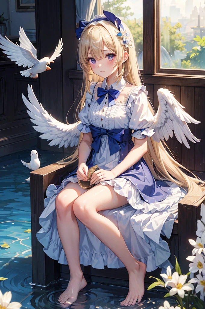 feathers, rating:safe, white_feathers, feathered_wings, 1girl, white_wings, long_hair, angel_wings, halo, very_long_hair, wings, angel, solo, dress, sitting, dove, blonde_hair, purple_eyes, eyebrows_visible_through_hair, water, bangs, bow, looking_at_viewer, closed_mouth, hair_between_eyes, short_sleeves, hair_intakes, day, blush, flower, barefoot, frills, breasts, hairband, puffy_short_sleeves, indoors, full_body, blue_bow, white_dress, soaking_feet, animal, outdoors, hair_bow, birdcage, cage, blue_dress, small_breasts, hair_ornament, backlighting, puffy_sleeves, frilled_dress, sunlight, reflection, sky, fountain, white_flower, sunbeam, waterfall