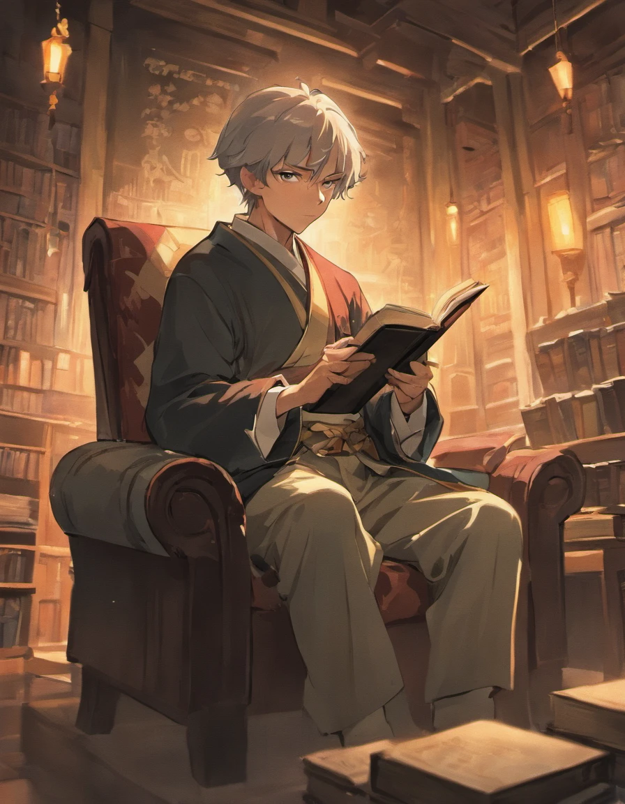 Serious old man holding a book in his hand sitting