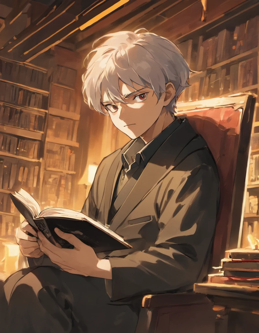 Serious old man holding a book in his hand sitting