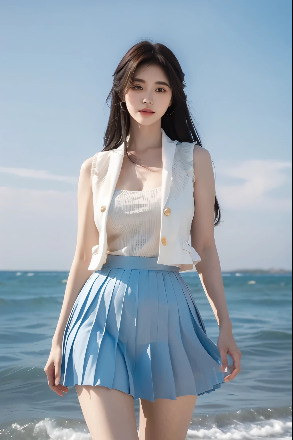 Beautiful woman with perfect body：1.4，Layered Hairstyle，Prominent cleavage：1.2，Highly detailed face and skin textures，Double eyelids，Skin Whitening，Long hair，Whitened long legs，Standing by the sea，Blue sky and white clouds（Vest，Pleated Skirt）