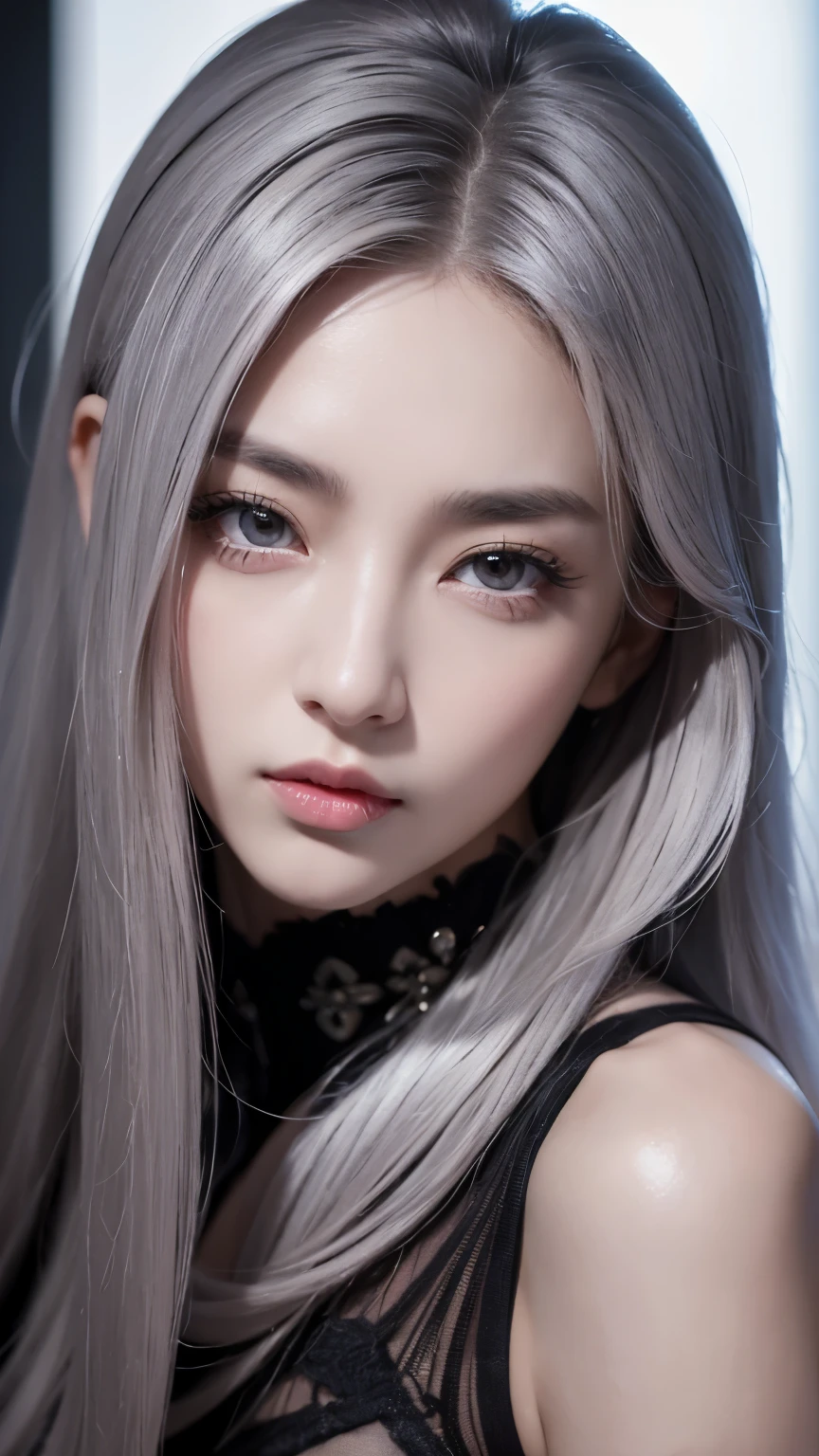 masterpiece, Amazing girl, Night Moon Full Moon, 1 female, Mature woman, elder sister, Royal elder sister, Cold Face, Poker face, woman with long silver hair, Light pink lips, calm, Intellectuals, Three-banded grey eyes, Assassin's Dagger, Flower ball background, Card Details, Finger details, Facial details, Eye details,