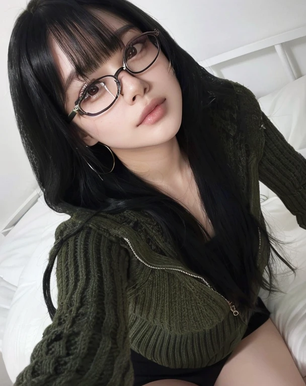 mulher arafa usando glasses e um suéter verde sentada em uma cama, com glasses, Bela Delfina, com glasses on, ela tem cabelo preto com franja, longos cabelos pretos ondulados e glasses, com glasses pretos, with black braids, cruel korean goth girl, glasses, girl com glasses, garota de anime na vida real, Asian girl, beautiful asian