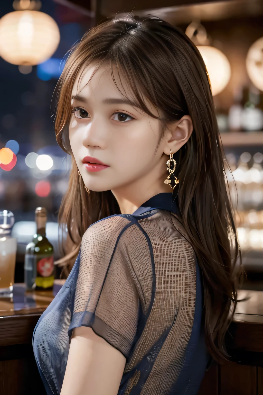 masterpiece, highest quality, Realistic, Very detailed, Finer details, High resolution, 8k wallpaper, One beautiful woman, Wear a navy blue see-through shirt, Great bar restaurant, At night, Light brown messy hair, Perfect dynamic composition, Beautiful and beautiful eyes、Big earrings