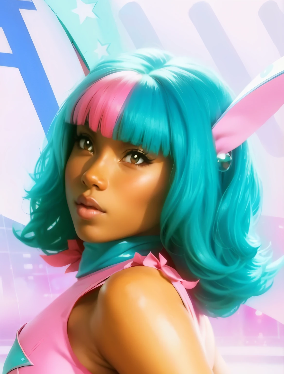 African girl in a blue and pink anime cosplay outfit