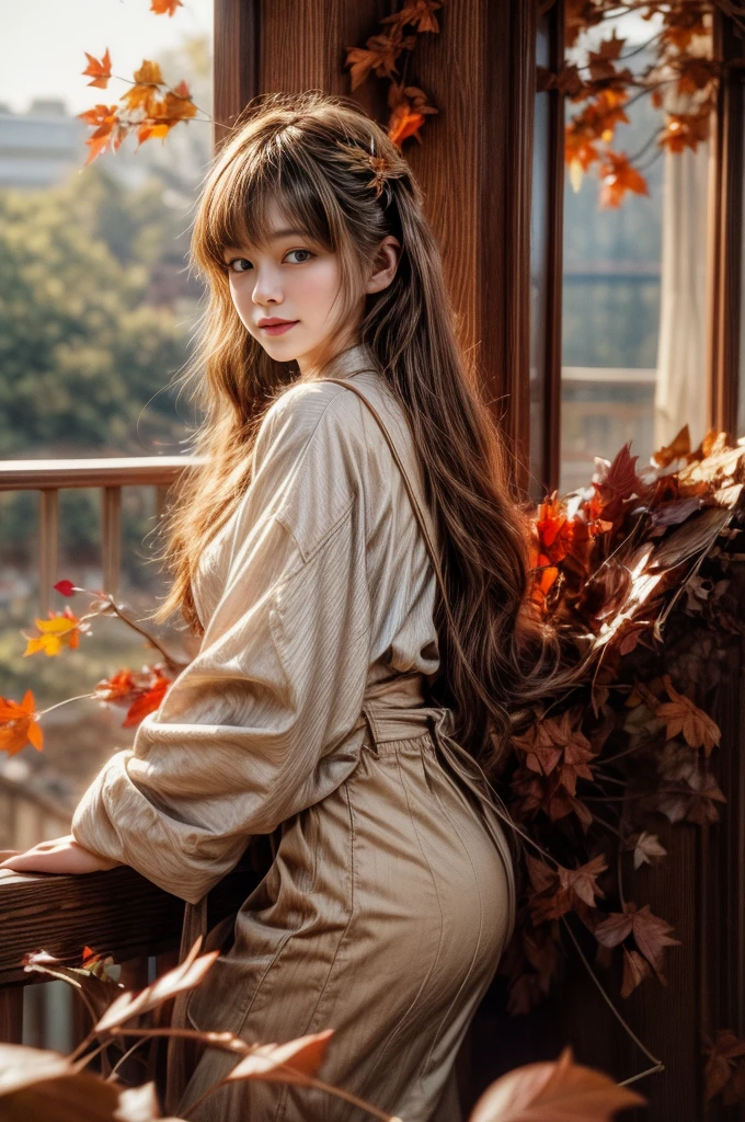 masterpiece、8K、32k、Top quality、(Delicate eyes)、(A lovely Japanese woman、Bangs)、23 years old、1 girl in、elegant、(Detailed background rendering、porch:1.2)、(Suspender Skirt)、(Fallen Leaves:1.3)、Cowboy shooting、Smile