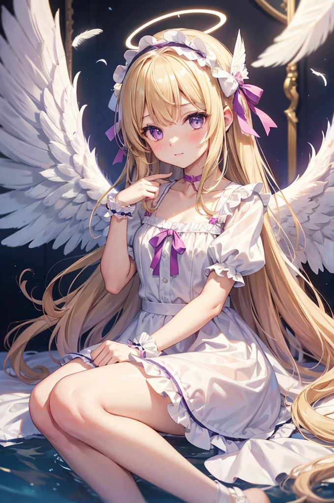 rating:safe, wings, feathered_wings, 1girl, white_wings, angel_wings, long_hair, very_long_hair, angel, dress, solo, sitting, halo, feathers, white_feathers, puffy_short_sleeves, short_sleeves, depth_of_field, closed_mouth, blurry, hair_between_eyes, eyebrows_visible_through_hair, white_dress, frills, puffy_sleeves, purple_eyes, bangs, looking_at_viewer, soaking_feet, water, blonde_hair, blurry_foreground, bow, hair_bow, hairband, frilled_dress, hair_intakes, blurry_background, collarbone, ribbon, hand_up, hands_up, blush, purple_dress, wrist_cuffs