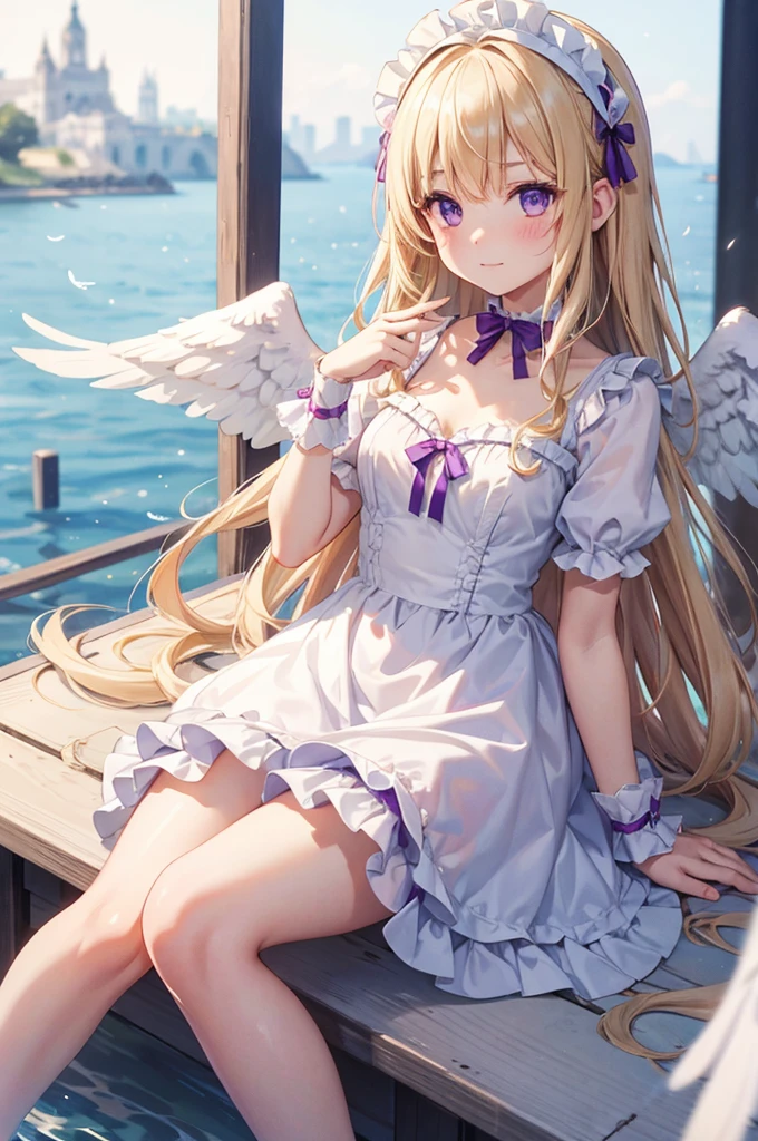 rating:safe, wings, feathered_wings, 1girl, white_wings, angel_wings, long_hair, very_long_hair, angel, dress, solo, sitting, halo, feathers, white_feathers, puffy_short_sleeves, short_sleeves, depth_of_field, closed_mouth, blurry, hair_between_eyes, eyebrows_visible_through_hair, white_dress, frills, puffy_sleeves, purple_eyes, bangs, looking_at_viewer, soaking_feet, water, blonde_hair, blurry_foreground, bow, hair_bow, hairband, frilled_dress, hair_intakes, blurry_background, collarbone, ribbon, hand_up, hands_up, blush, purple_dress, wrist_cuffs