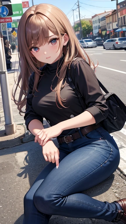juego , Diosa de la Victoria NIKKE, Limpio , Light brown hair, ojos seductores ,Hermoso face , ojos rojos cristalinos , pelo largo , Top corto de manga corta de color negro para mujer , Jeans, polainas,viento autofoto, 1 bolso de mano, ojos alegres, ,Pecho de copa G, cintura delgada, muslos fascinantes, cinco dedos en cada mano, dos manos ,dos piernas , En la ciudad, fecha, de pie, Hermoso, tacones altos, noche ,distrito ligero