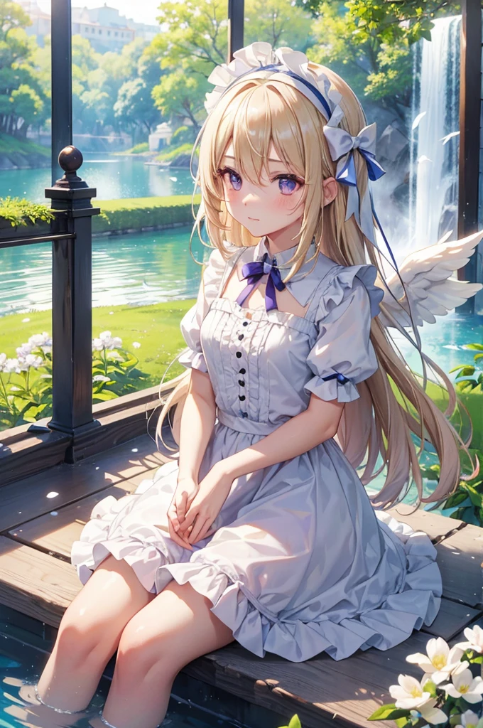 feathers, rating:safe, white_feathers, feathered_wings, 1girl, white_wings, long_hair, angel_wings, halo, very_long_hair, wings, angel, solo, dress, sitting, dove, blonde_hair, purple_eyes, eyebrows_visible_through_hair, water, bangs, bow, looking_at_viewer, closed_mouth, hair_between_eyes, short_sleeves, hair_intakes, day, blush, flower, barefoot, frills, breasts, hairband, puffy_short_sleeves, indoors, full_body, blue_bow, white_dress, soaking_feet, animal, outdoors, hair_bow, birdcage, cage, blue_dress, small_breasts, hair_ornament, backlighting, puffy_sleeves, frilled_dress, sunlight, reflection, sky, fountain, white_flower, sunbeam, waterfall
