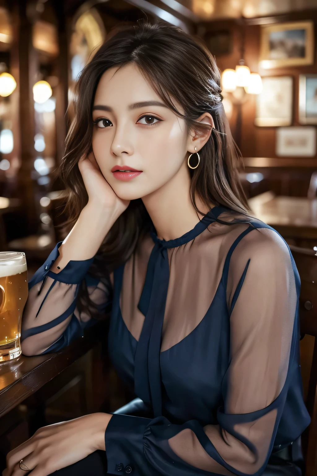 masterpiece, highest quality, Realistic, Very detailed, Finer details, High resolution, 8k wallpaper, One beautiful woman, Wear a navy blue see-through blouse, In a great pub, At night, Light brown messy hair, Perfect dynamic composition, Beautiful and beautiful eyes、Big earrings、Sitting in a chair、