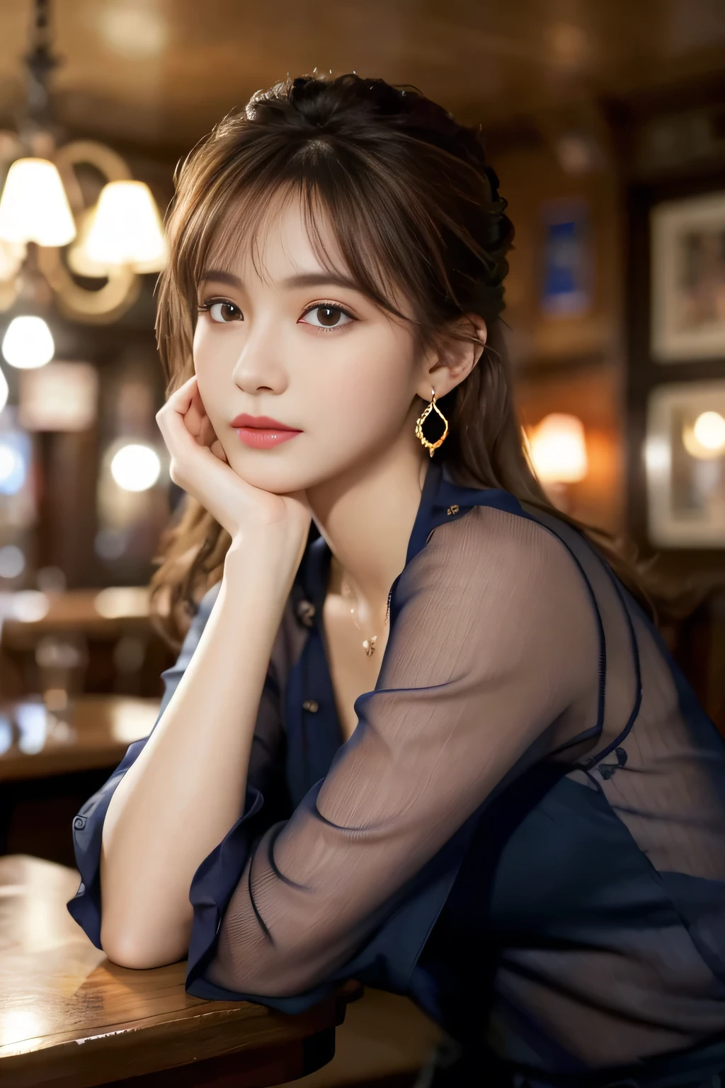 masterpiece, highest quality, Realistic, Very detailed, Finer details, High resolution, 8k wallpaper, One beautiful woman, Wear a navy blue see-through blouse, In a great pub, At night, Light brown messy hair, Perfect dynamic composition, Beautiful and beautiful eyes、Big earrings、Sitting in a chair、