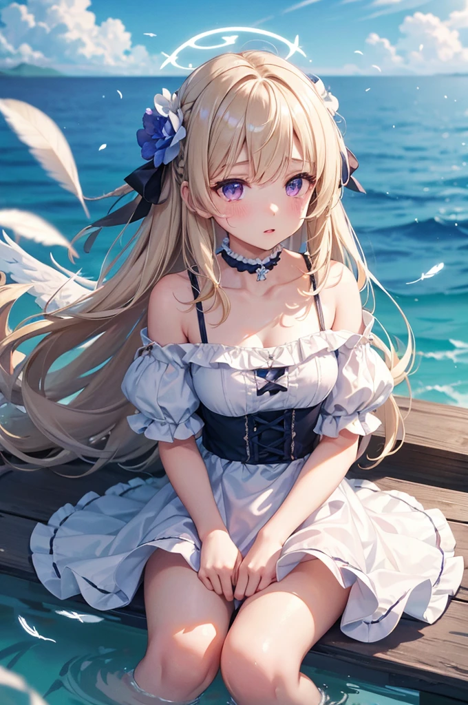 feathers, rating:safe, feathered_wings, white_feathers, 1girl, white_wings, wings, angel_wings, long_hair, very_long_hair, solo, angel, halo, dress, bangs, sitting, closed_mouth, eyebrows_visible_through_hair, short_sleeves, hair_between_eyes, purple_eyes, puffy_short_sleeves, blonde_hair, petals, white_dress, flower, water, outdoors, puffy_sleeves, day, rose, looking_at_viewer, frills, choker, bow, hair_intakes, single_wing, cloud, blush, black_choker, black_feathers, floating_hair, collarbone, sky, animal, blue_bow, frilled_dress, hair_bow, mini_wings, cloudy_sky, white_flower, blue_dress, latin_cross, ribbon, hair_feathers, blue_flower, breasts, soaking_feet, hair_ornament, dutch_angle, hand_between_legs, light_brown_hair, depth_of_field, off-shoulder_dress, blurry, hair_flower, between_legs, crying_with_eyes_open, parted_lips