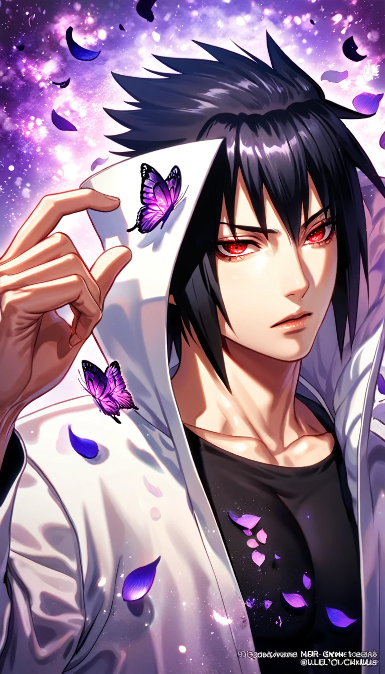 absurdres, highres, ultra detailed, HDR, master piece, best quality, Uchiha Sasuke, black hair, expressive red eyes, Naruto Shippuden, solo, sexy man, handsome, toned chest, white coat, black tight shirt, purple butterflies, petals, purple flowers, magical, fantasy, glittering, purple background