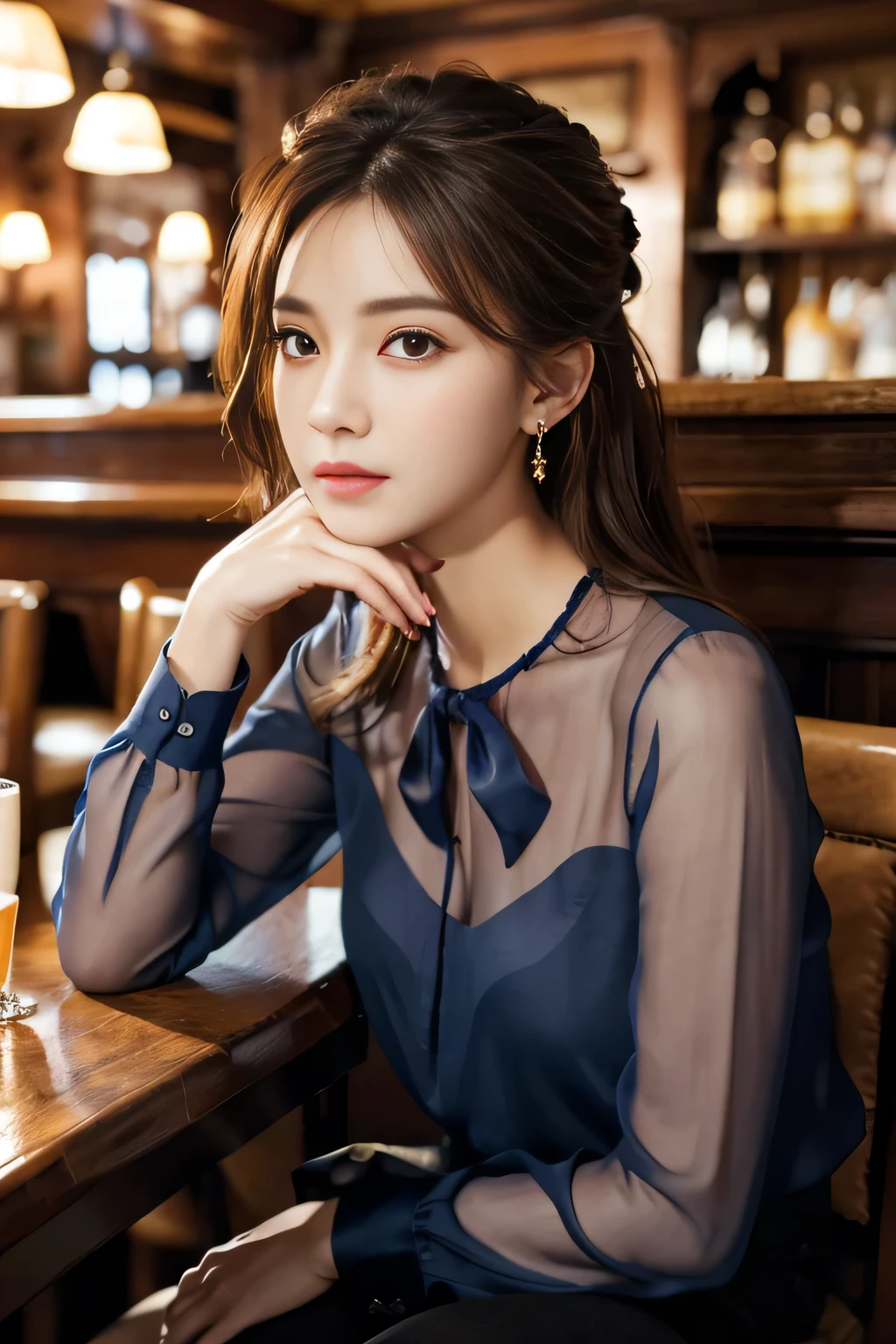 masterpiece, highest quality, Realistic, Very detailed, Finer details, High resolution, 8k wallpaper, One beautiful woman, Wear a navy blue see-through blouse, In a great pub, At night, Light brown messy hair, Perfect dynamic composition, Beautiful and beautiful eyes、Big earrings、Sitting in a chair、
