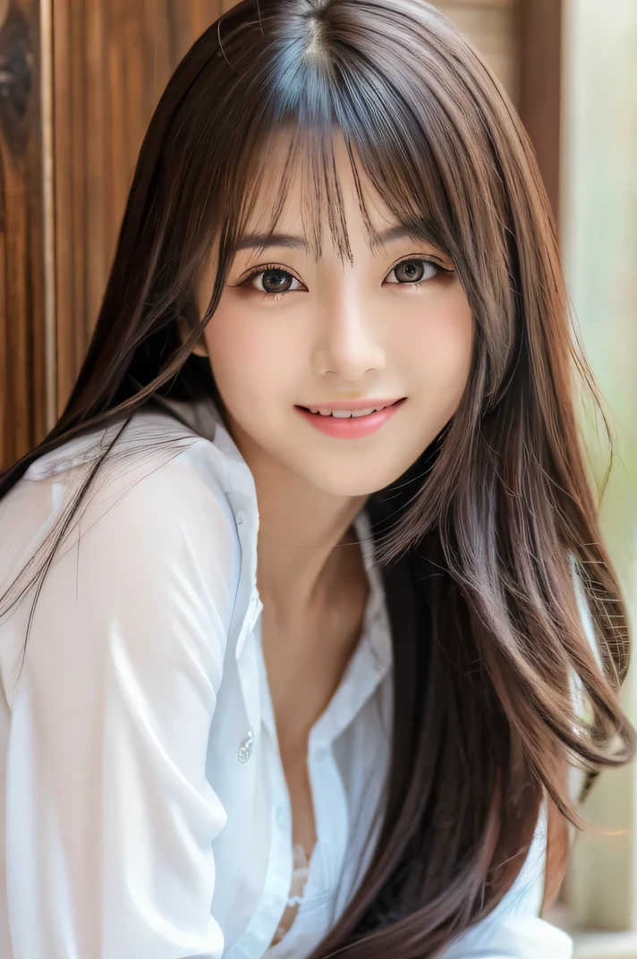 (((8k,Attention to detail,Attention to detail、highest quality,masterpiece,Attention to detail,alone))),RAW Photos & Realistic atmosphere,Beautiful dark eyes,Mouth Details,Glossy lips,Thin eyebrows,beautiful Eyes、Soft white skin that shines in every detail、Her deep black eyes are very beautiful,Lip details、Very beautiful face,Very beautiful face、Lively Faces,beautiful, Glistening lips,beautiful Eyebrows,Infinite Reality, Realistic Young Gravure Idol,Very cute woman , Young Gravure Idol, Young Gravure Idol, とても美しくてかわいいbeautiful 21 year old beauty,Incredibly beautiful and elegant,beautiful 21 year old beauty,Natural soft light,(Shiny Hair,,beautiful and kind eyes:1.5),A kind smile,Shapely breasts,Long Hair,beautiful posture,No makeup,Take a look at the camera,shirt,