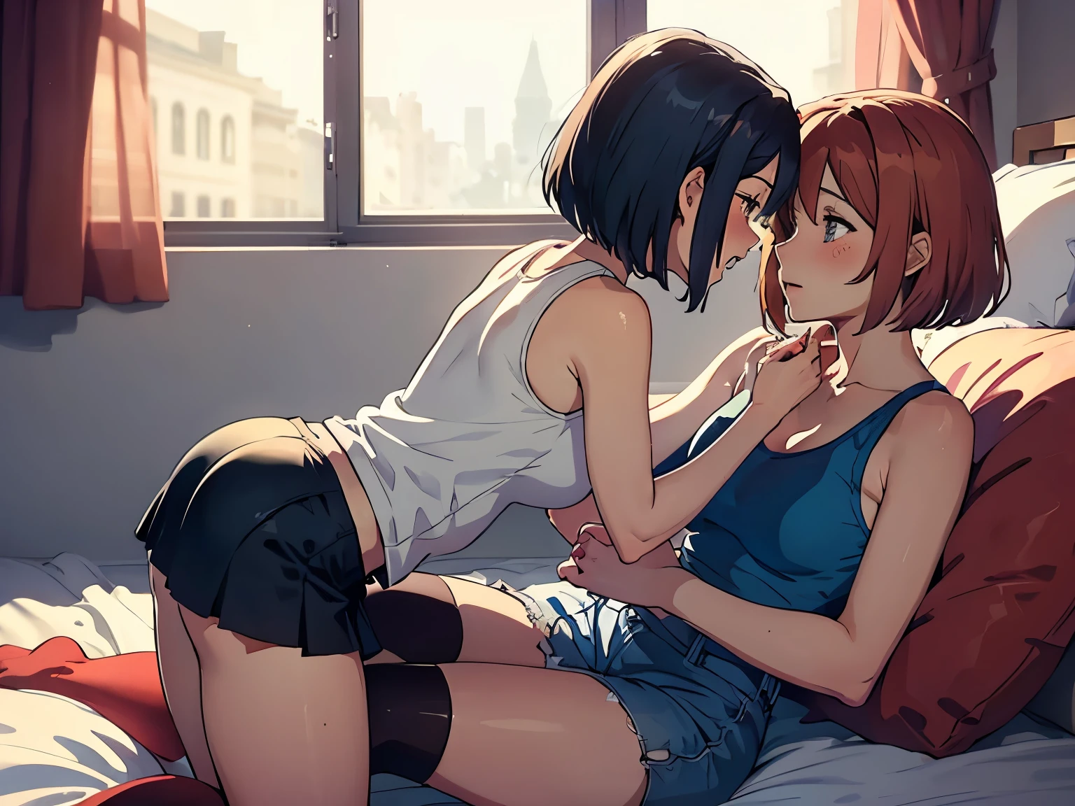 Two women having fun in a gymnasium、obscenity:1,2、Metamorphosis:1,2、Lesbian Mika:1,2、Grabbing each other's buttocks、the kiss、Momovelia Deviluk、Black tank top、White Hot Pants、Pink shorthair、red blush、a smile、tre anatomically correct