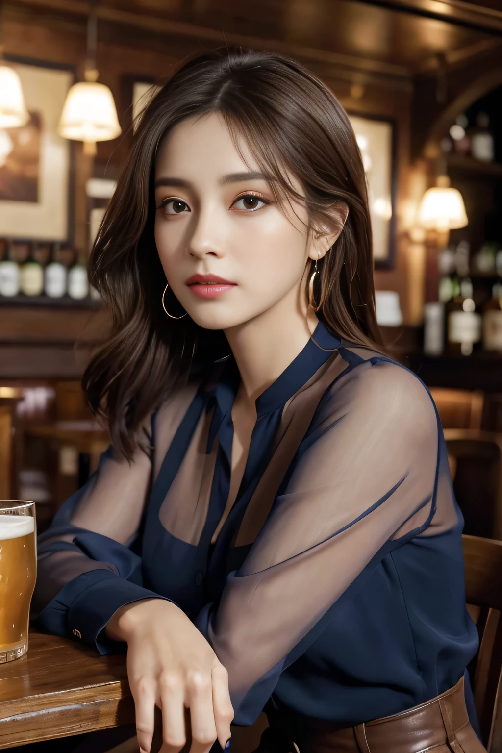 masterpiece, highest quality, Realistic, Very detailed, Finer details, High resolution, 8k wallpaper, One beautiful woman, Wear a navy blue see-through blouse, In a great pub, At night, Light brown messy hair, Perfect dynamic composition, Beautiful and beautiful eyes、Big earrings、Sitting in a chair、