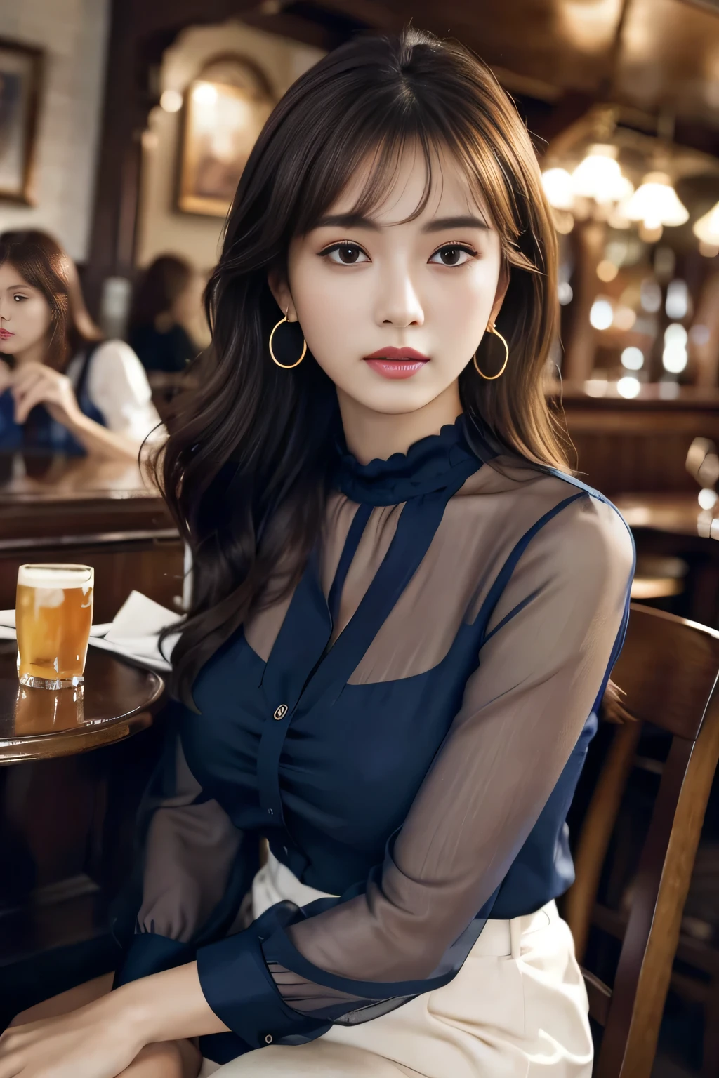 masterpiece, highest quality, Realistic, Very detailed, Finer details, High resolution, 8k wallpaper, One beautiful woman, Wear a navy blue see-through blouse, In a great pub, At night, Light brown messy hair, Perfect dynamic composition, Beautiful and beautiful eyes、Big earrings、Sitting in a chair、