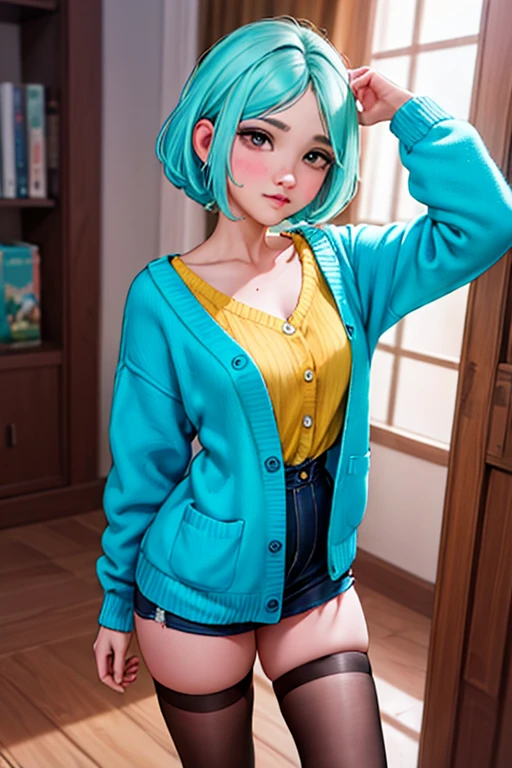 (Obra de arte, melhor qualidade, high resolution), ele cultivou quatro (oshi no ko), cyan cardigan, Sweater, escuro_verde_camisa,mini-saia, standing, abra roupas abertas, Sozinho,