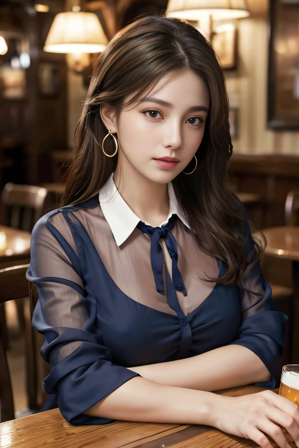 masterpiece, highest quality, Realistic, Very detailed, Finer details, High resolution, 8k wallpaper, One beautiful woman, Wear a navy blue see-through blouse, In a great pub, At night, Light brown messy hair, Perfect dynamic composition, Beautiful and beautiful eyes、Big earrings、Sitting in a chair、