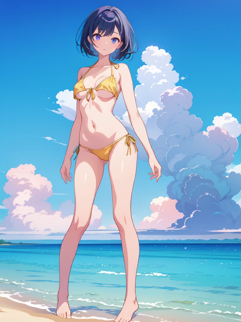 1girl、vtuber-fullbody、highest quality、Masterpiece、Official Art、The best composition、Super detailed、Standing in front of the viewer、short hair、Simple bikini、Small breasts、barefoot、Simple Background、Upright Pose、