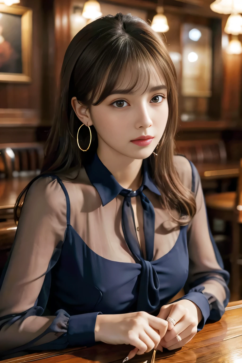 masterpiece, highest quality, Realistic, Very detailed, Finer details, High resolution, 8k wallpaper, One beautiful woman, Wear a navy blue see-through blouse, In a great pub, At night, Light brown messy hair, Perfect dynamic composition, Beautiful and beautiful eyes、Big earrings、Sitting in a chair、