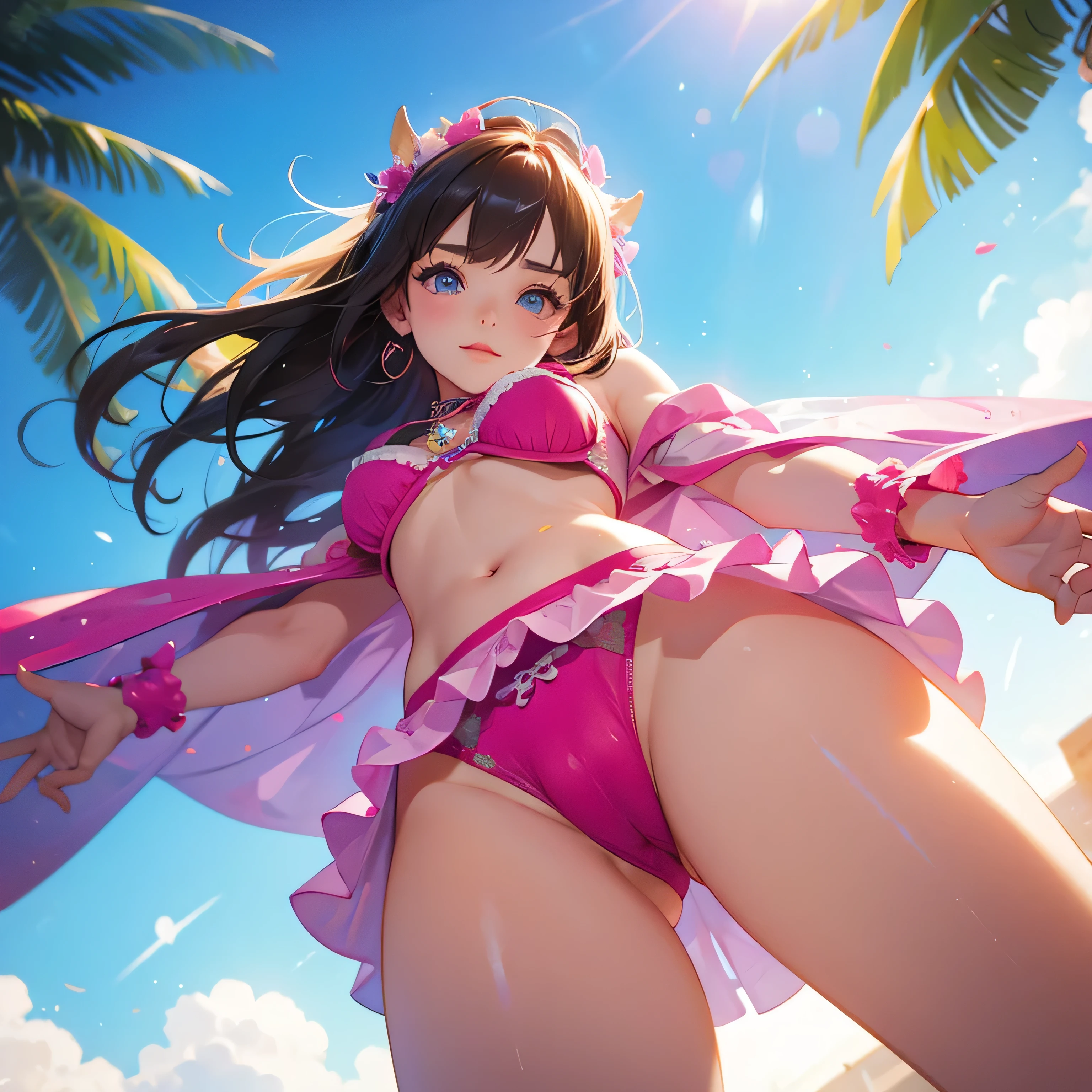 Looking at a girl in colorful underwear, from below,cameltoe