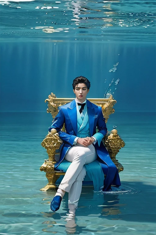 Full Body photorealistic handsome Hunky Prince of Atlantis, wearing blue, aqua, cyan, teal,. Sitting on an elegant throne, water as background 