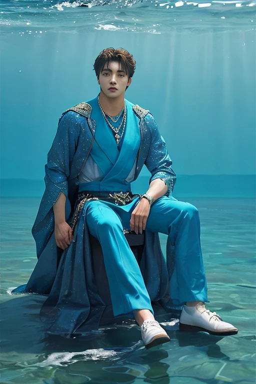 Full Body photorealistic handsome Hunky Prince of Atlantis, wearing blue, aqua, cyan, teal,. Sitting on an elegant throne, water as background