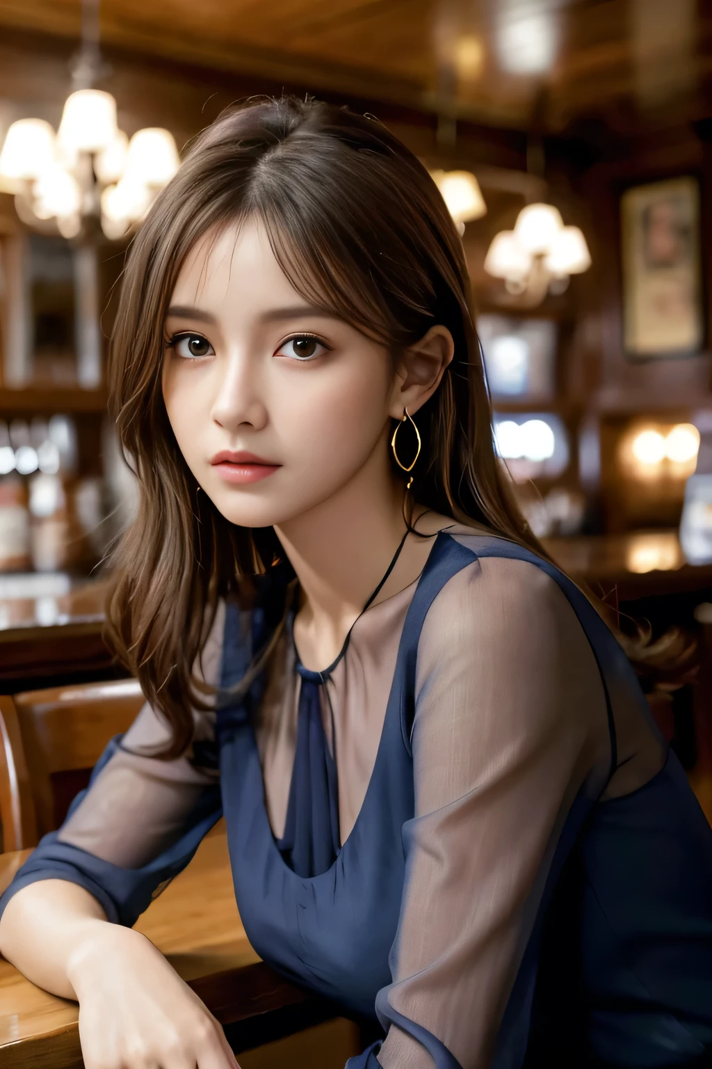 masterpiece, highest quality, Realistic, Very detailed, Finer details, High resolution, 8k wallpaper, One beautiful woman, Wear a navy blue see-through blouse, In a great pub, At night, Light brown messy hair, Perfect dynamic composition, Beautiful and beautiful eyes、Big earrings、Sitting in a chair、