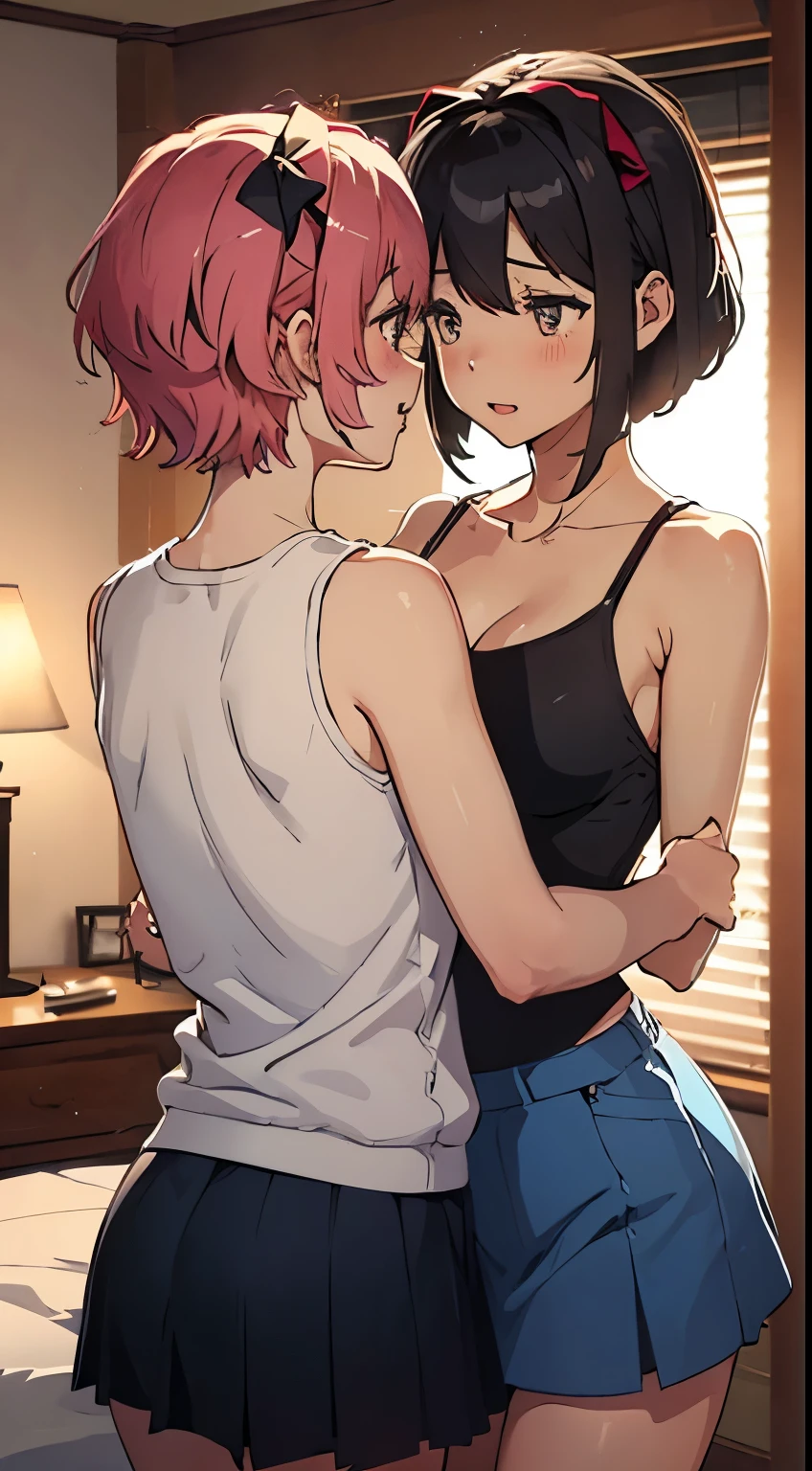 2 women having fun, of:1,2, :1,2, National Foundation:1,2, Lesbian Yuri:1,2, Cat, blush, wearing a tanktop and skirt, Cuddle in bed