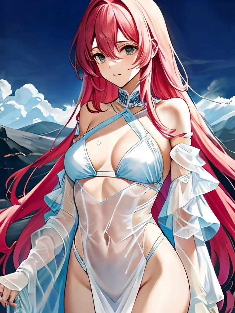 Beautiful slim perfect body、Very long pink hair、Cool look、systemic manifestationedium chest、Off-the-shoulder white bikini armor、Light blue see-through dress、The background is a dark and desolate land covered in clouds at midnight