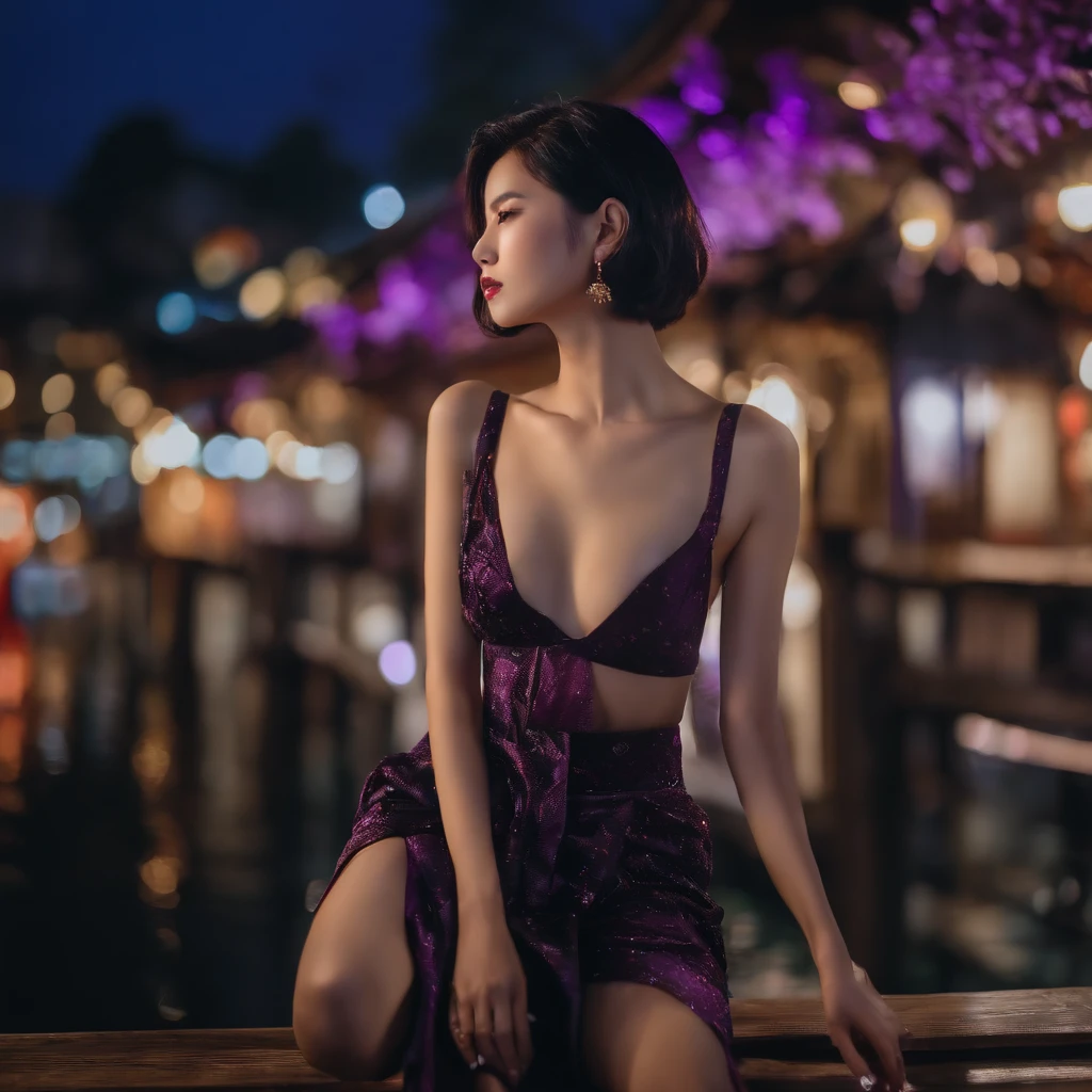 Japanese girl, short hair, black and purple hair, good figure, long legs, wearing Thai clothes, city view at night.