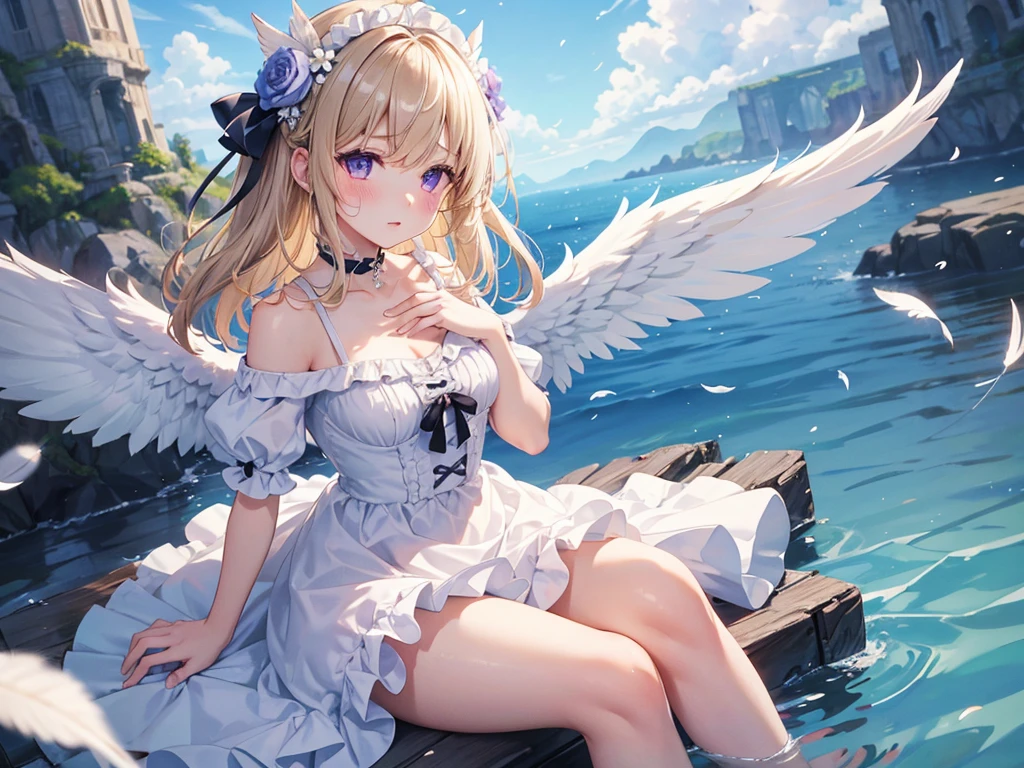 feathers, rating:safe, feathered_wings, white_feathers, 1girl, white_wings, wings, angel_wings, long_hair, very_long_hair, solo, angel, halo, dress, bangs, sitting, closed_mouth, eyebrows_visible_through_hair, short_sleeves, hair_between_eyes, purple_eyes, puffy_short_sleeves, blonde_hair, petals, white_dress, flower, water, outdoors, puffy_sleeves, day, rose, looking_at_viewer, frills, choker, bow, hair_intakes, single_wing, cloud, blush, black_choker, black_feathers, floating_hair, collarbone, sky, animal, blue_bow, frilled_dress, hair_bow, mini_wings, cloudy_sky, white_flower, blue_dress, latin_cross, ribbon, hair_feathers, blue_flower, breasts, soaking_feet, hair_ornament, dutch_angle, hand_between_legs, light_brown_hair, depth_of_field, off-shoulder_dress, blurry, hair_flower, between_legs, crying_with_eyes_open, parted_lips