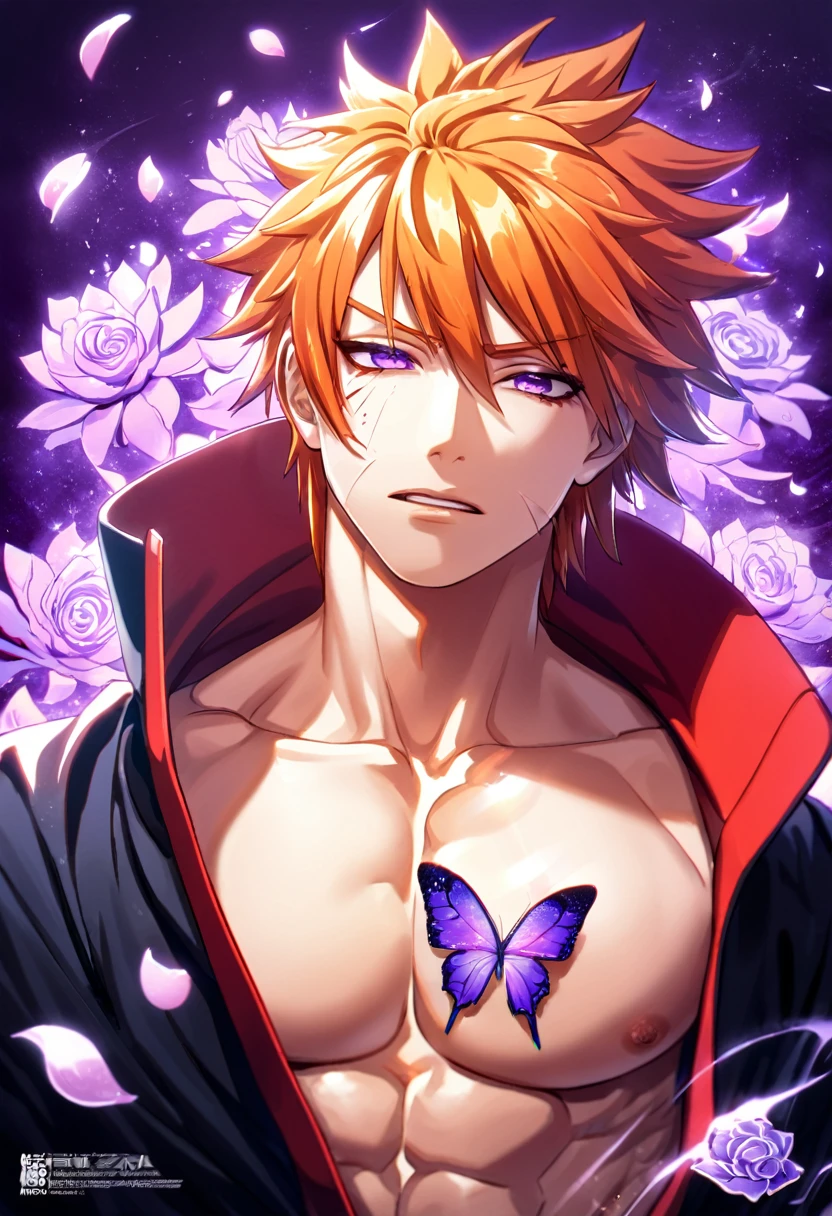 absurdres, highres, ultra detailed, HDR, master piece, best quality, Pain, orange hair, expressive purple eyes, Naruto Shippuden, solo, sexy man, handsome, toned chest, black coat, akatsuki, purple butterflies, petals, purple flowers, magical, fantasy, glittering, purple background