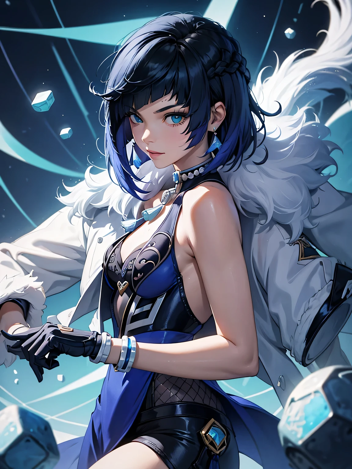 (masterpiece), (highres), yelan, 1girl, solo, looking at viewer, smile, short hair, large breasts, black hair, gloves, dress, jewelry, medium breasts, green eyes, blue hair, jacket, braid, parted lips, sleeveless, elbow gloves, armpits, mole, grin, arm up, sparkle, blue dress, bob cut, white jacket, vision (genshin impact), dice, diagonal bangs, seductive, skin tight outfit, butt, realistic, best quality, ultra detail, ultra high res, extreme detail, 8k, uhd