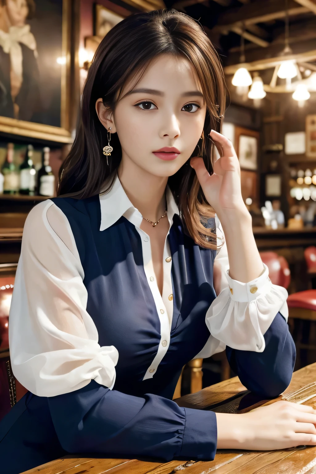 absurdres, RAW photo, extremely delicate and beautiful, masterpiece, Best Quality, ultra high resolution, 32k, hyperrealistic, ultra-detailed, perfect anatomy, super Detailed skin, perfect figure, Very detailed CG 8k wallpaper, in her 20s, very Slim body, narrow waist, very small head, very small face, delicate facial features, tearful mole, earring, thin legs, very huge round breasts, full body shot, shorter middle hair, wavy hair, ((office lady suit)), blouse, blazer, skirt, 