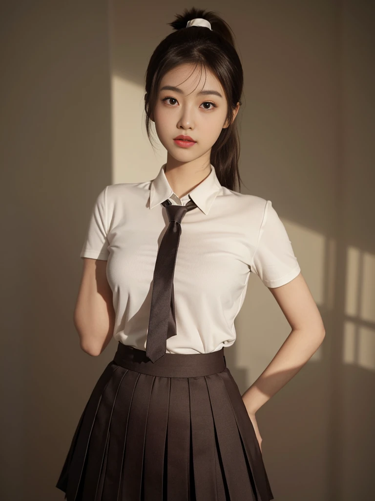 a beautiful 18-year-old Korean lady with short light brown ponytail hair in a Serafuku, tight and moderately translucent shirt revealing large round breasts, slender and curvy figure, beautifully detailed eyes with long eyelashes, double eyelids, and elongated shape, red ribbon tie and short pleated skirt, posing in a football field, with hands behind hips or head. Her measurements are 36-23-34. 8k ultra-detailed, photorealistic, masterpiece portrait.