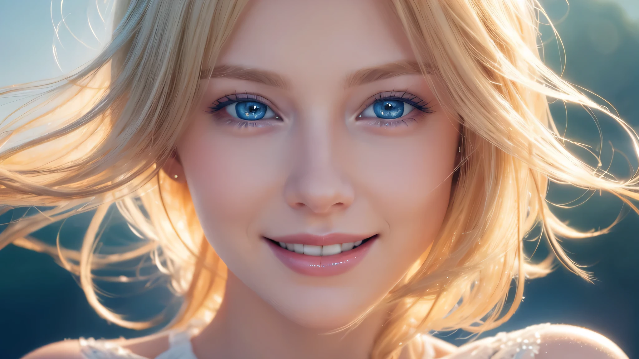 Blonde woman's face, radiant smile, sparkling blue eyes, flowing golden hair, delicate features, joyful expression, natural beauty, close-up portrait, high-resolution digital painting, soft pastel color palette, warm and inviting lighting, ethereal and dreamy atmosphere.